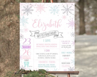 Vinter Onederland Milstolpe Födelsedagsaffisch REDIGERBAR Snöflingor Första Svarta Tavlan Skylt Rosa Silver 1-årsdagsaffisch Nedladdning Winter07