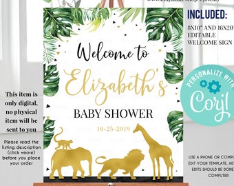 Jungle Gold Baby Shower Welcome sign, EDITABLE Jungle Birthday sign decoration Elephant Giraffe Wild One Instant Download Printable template