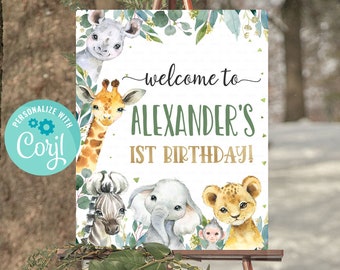 EDITABLE Safari Birthday Welcome Sign,Boy Jungle animals Birthday sign, gold Wild one theme Digital Instant download