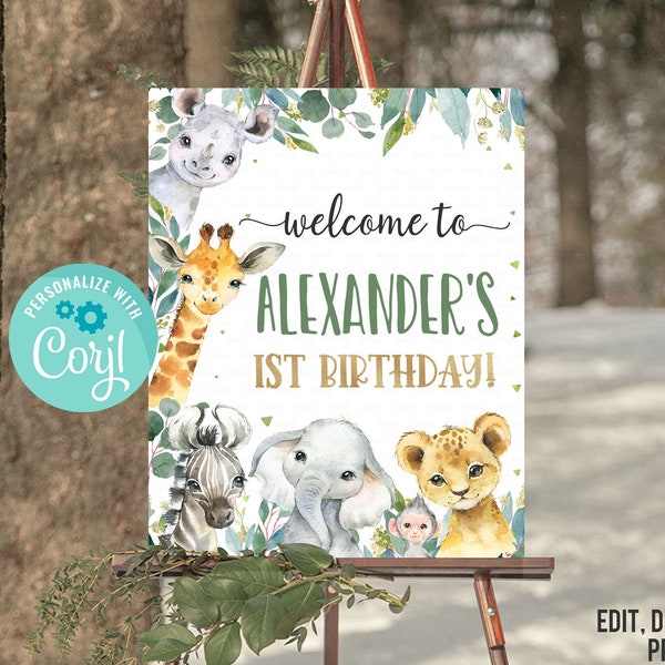 EDITABLE Safari Birthday Welcome Sign,Boy Jungle animals Birthday sign, gold Wild one theme Digital Instant download