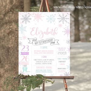 Winter Onederland Milestone Birthday Poster EDITABLE Snowflakes First Chalkboard signe Pink Silver 1er anniversaire affiche télécharger Winter07