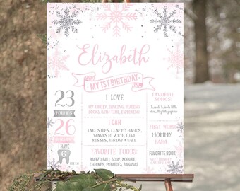 Póster de cumpleaños de invierno de Onederland Milestone EDITABLE con copos de nieve, primer cumpleaños, letrero de pizarra, póster de primer cumpleaños rosa y plateado para descargar