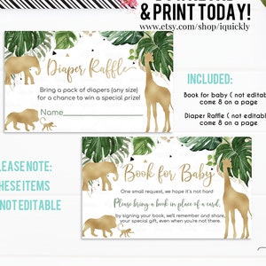 Sorteo de pañales para baby shower Safari Gold Libro para bebé, Gold Jungle Trae un libro en lugar de una tarjeta Elefante Jirafa Descarga instantánea Imprimible