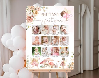 Póster con foto del primer cumpleaños de una hada, pancarta con foto de flores silvestres editable mensual, plantilla imprimible para jardín, descarga digital FA201