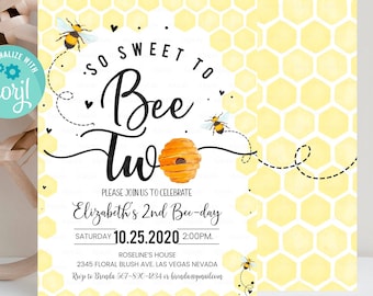 Editable Bee Birthday Invitation Honey Bee Birthday Party Bee 2nd Birthday So Sweet To Bee One Party Bee-Day 2nd Birthday Instant download