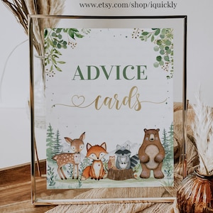 Cartões de conselhos para chá de bebê da floresta, cartões de conselhos para chá de bebê de animais da floresta 8x10 Wild one para impressão digital download instantâneo