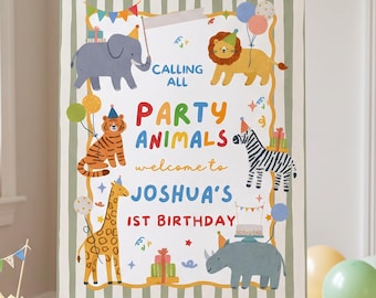 Party animals Birthday Welcome Sign, Safari Jungle First Birthday Yard sign Wild One (Canva Template)