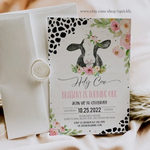 Editable Cow Theme Birthday Party Invitation Holy Cow I&#39;m One Invite Girl Pink Floral Farm Cow First Birthday Template Instant Download