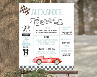 Racing car Milestone Birthday Poster EDITABLE Racecar first Birthday Chalkboard sign Vintage 1st poster Instant download template FA03