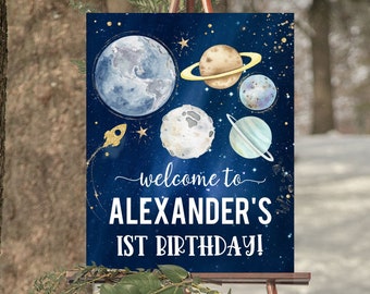 Bewerkbare Outer Space verjaardag welkom teken 1e verjaardag jongen Galaxy planeten reis rond de zon astronaut sjabloon afdrukbare Corjl FT102