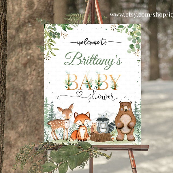 Signo de bienvenida de Woodland EDITABLE, Woodland Baby shower Sign Decoraciones Wild one Descarga instantánea Plantillas imprimibles W206