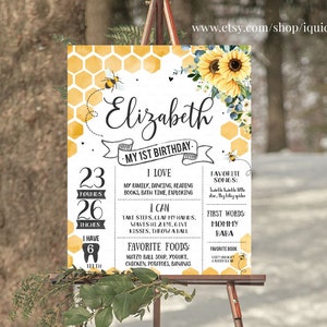 Bee Milestone Birthday Poster MODIFIABLE Honey Bee first Chalkboard sign Bumble bee 1st birthday poster Modèle de téléchargement instantané BEE013