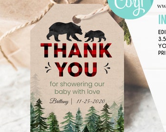 EDITABLE Lumberjack Baby Shower Favors Tags, Thank you tags, Gift Tags Buffalo Plaid, Wilderness Beard Printable Template Instant Download