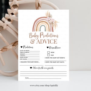 Boho Rainbow Baby Previsões Conselhos Jogo para chá de bebê, grama de pampas Boho Baby Shower Conselhos para impressão digital download instantâneo RAI001