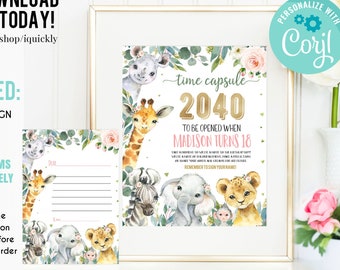 Könnte beinhalten: Ein druckbares Zeitkapsel-Schild im rosa-goldenen Design. Das Schild zeigt eine Giraffe, ein Zebra, einen Elefanten und einen Löwen vor einem floralen Hintergrund. Der Text auf dem Schild lautet "Zeitkapsel 2040 zu öffnen, wenn Madison 18 Jahre alt wird".