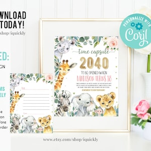 EDITABLE Safari Time Capsule and Matching Note Cards, Jungle Animals 1st Birthday Time Capsule, Wild one First Birthday Instant download image 1