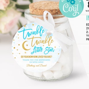 Twinkle Twinkle Little Star Baby Shower Favor tags EDITABLE, Boy baby shower blue and Gold invite Thank you tags, Gift tags Instant download