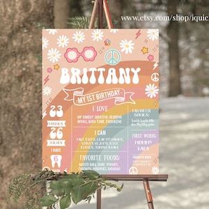 Groovy Milestone Cumpleaños Cartel DITABLE Daisy Primer Cumpleaños Pizarra signo Hippie 1er cumpleaños cartel Descarga instantánea plantilla G001