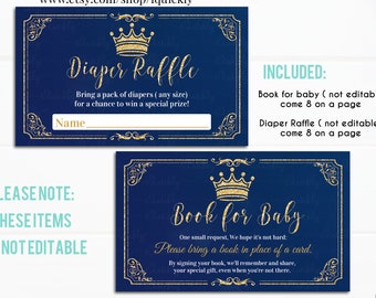 Sorteio de fraldas e livro para chá de bebê Prince, chá de menino traga um livro, encarte azul marinho dourado Download instantâneo digital
