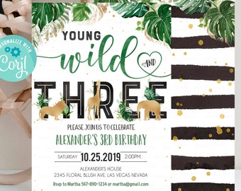 EDITABLE Jungle gold Birthday Invitation, Young wild and three Birthday Invite, Safari Animals invitations, Printable template Instant