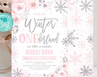 May include: Pink and silver glitter winter wonderland first birthday party invitation with snowflakes and floral accents. Join us in a Winter Wonderland, our little snowflake is turning one!  Brittany Sophia. Saturday, November 25th at 2:00 p.m. Brittany's House, 2345 Snowflake Ave Las Vegas Nevada 98765. RSVP to Martha 345-678-9000 or Martha@gmail.com.