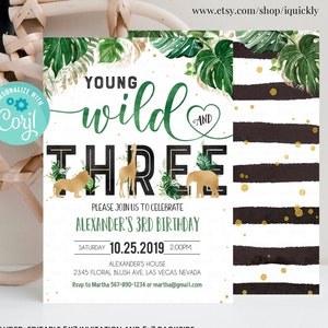 EDITABLE Jungle gold Birthday Invitation, Young wild and three Birthday Invite, Safari Animals invitations, Printable template Instant