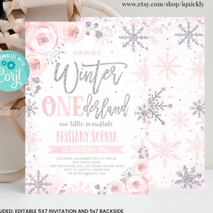 Editable Winter onederland Invitation Pink Silver Girl First birthday Snowflake Invite Floral Winter onederland Party Instant Download Corjl