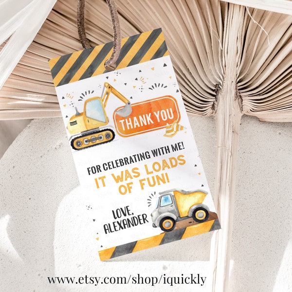 Construction Birthday Favor tags EDITABLE, Dump Truck Party Thank you tags, Gift tags Template printable Instant Digital download C1