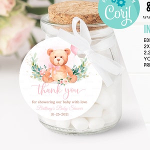 Lembrancinhas editáveis para chá de bebê de ursinho de pelúcia Etiquetas de agradecimento para chá de bebê de urso para impressão Balões de urso Etiquetas para presentes Modelo de etiqueta de favor download digital