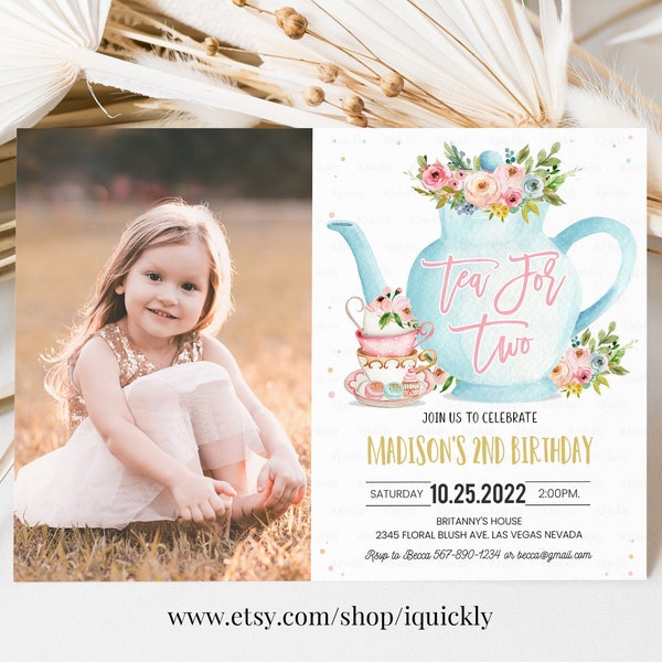 Editable Tea Party Birthday Invitation Girl Par-Tea Invite Floral Pink Gold Whimsical Tea Download Printable Template Corjl Digital