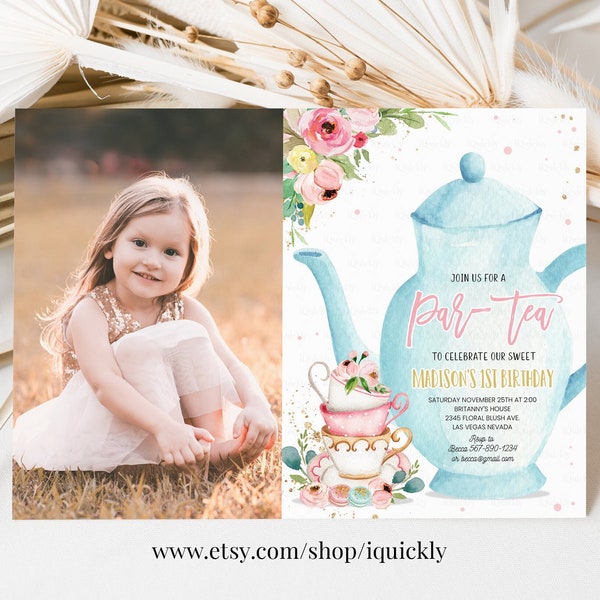 Editable Tea Party Birthday Invitation Girl Par-Tea Invite Floral Pink Gold Whimsical Tea Download Printable Template Corjl Digital