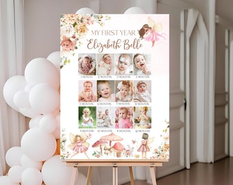 Cartel de la foto del hito mensual del primer cumpleaños de hadas Editable Wildflower Photo sign banner Jardín Plantilla imprimible Descarga digital FA101