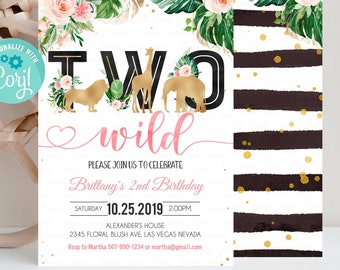 MODIFICABILE Invito di compleanno in oro giungla, invito di compleanno selvaggio per ragazza due, inviti per animali Safari, modello stampabile Download istantaneo