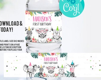 Editable Water Bottle Labels Party Animals Birthday Wild One Birthday Decor Safari Animals Zoo Printable Bottle Labels Template Girl Corjl