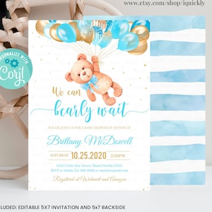Invito per baby shower modificabile con orsacchiotto Invito per baby shower a tema orsetto Orsetto con palloncini Inviti Modello stampabile download digitale