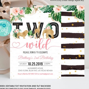 EDITABLE Jungle gold Birthday Invitation, Girl Two Wild Birthday Invite, Safari Animals invitations, Printable template Instant Download