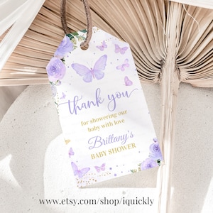 Etiquetas editables Butterfly Baby Shower Favor EDITABLES, Etiquetas de agradecimiento Mariposa Púrpura, Etiquetas de regalo Favores de fiesta Descarga instantánea imprimible BU102