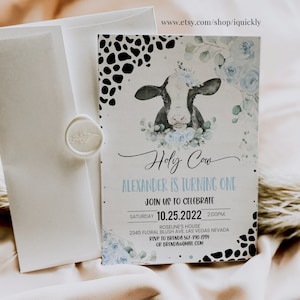 Editable Cow Theme Birthday Party Invitation Holy Cow I&#39;m One Invite BOY Floral Farm Cow First Birthday Printabel Template Instant Download