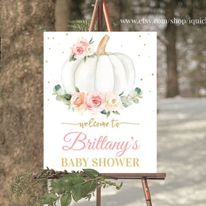 EDITABLE Pumpkin Floral Baby Shower Welcome sign, Pink and gold Pumpkin Sign Decorations Flower White Instant download Template Printable P1 image 1