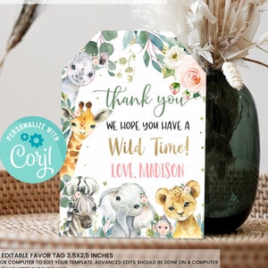 Balises modifiables Safari Favor, Girl Wild One 1st Birthday Merci tags, Gold Jungle Animals Gift tag, Printable template Instant Download