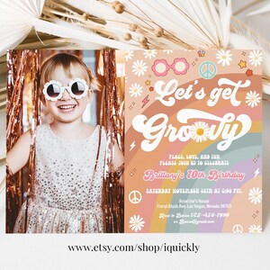 Editable ANY AGE Pink Groovy Van Daisy Rainbow Let&#39;s Get Groovy Birthday Invite Hippie Birthday Invitation Pritable Instant Download
