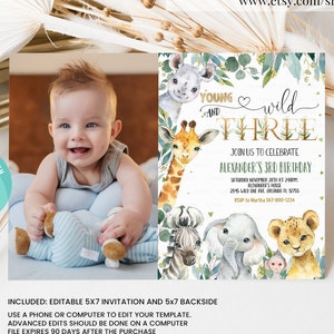 EDITABLE Safari Birthday Invitation, Boy Young Wild and Three Birthday Invite 3rd Jungle Animals invite Printable template Instant Download