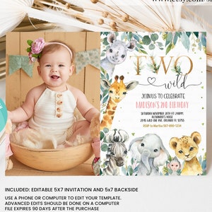 EDITABLE Safari Birthday Invitation, Girl Two Wild Birthday Invite, 2nd Gold Jungle Animals invitations, Printable template Instant Download