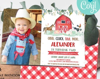 Editable Farm Birthday Invitation, Boy Barn Party, Photo Invite, Farm Animals Barnyard Boy Invitations INSTANT DOWNLOAD printable template