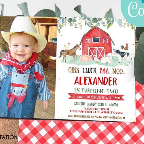 Farm Birthday Party Invitation Template With Photo Farm Etsy