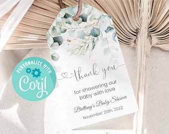 Editable Eucalyptus Greenery Baby Shower favors, Eucalyptus Shower Thank you tags, Gift tags Template digital download corjl