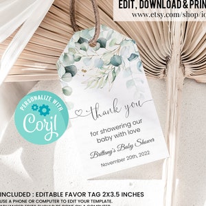 Editable Eucalyptus Greenery Baby Shower favors, Eucalyptus Shower Thank you tags, Gift tags Template digital download corjl