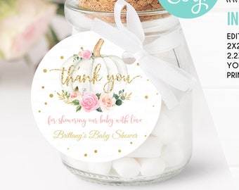 Editable Pumpkin Baby Shower Favor tags, Pink and gold Little pumpkin Thank you tags Gift tags White pumpkin Theme Digital download Template