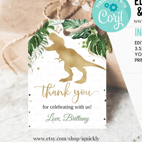 EDITIERBARE Dinosaurier Baby Shower Favors Tags, Dino Birthday Danke Tags Dino T-Rex Geschenkanhänger Digital druckbare Vorlage Sofortiger Download