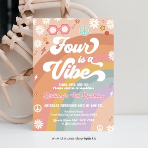 Editable 4th Groovy Birthday Invitation Four is a Vibe Daisy Rainbow ...